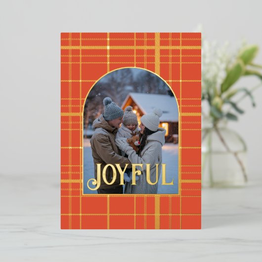 Verbrand Oranje & Goud Gingham Kerstvakantie Folie Feestdagenkaart (Staand Voorkant)