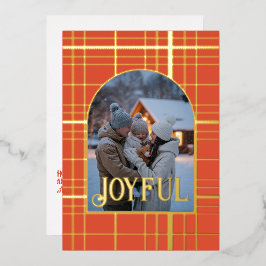 Verbrand Oranje & Goud Gingham Kerstvakantie Folie Feestdagenkaart