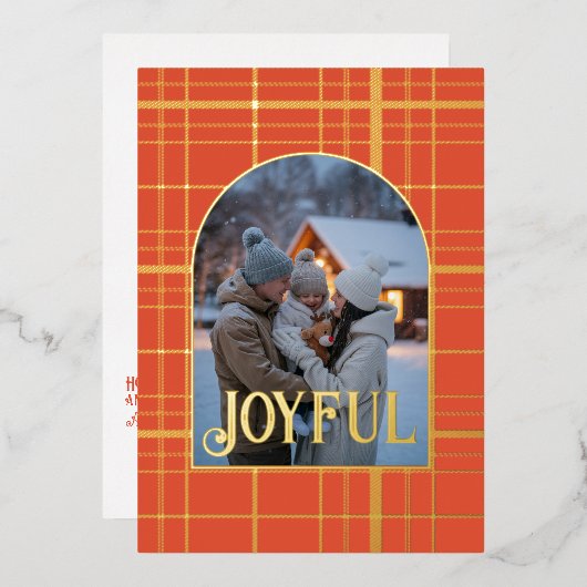 Verbrand Oranje & Goud Gingham Kerstvakantie Folie Feestdagenkaart (Voorkant / Achterkant)