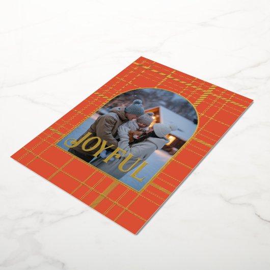 Verbrand Oranje & Goud Gingham Kerstvakantie Folie Feestdagenkaart (Gedraaid)