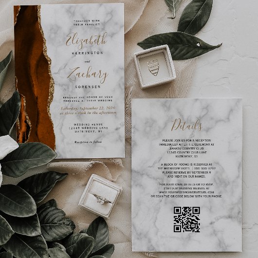 Verbrand Oranje Gouden Agaat Marmeren QR Code Huwe Kaart