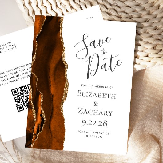 Verbrand Oranje Gouden Agat QR Code Bewaar de Datu Aankondigingskaart