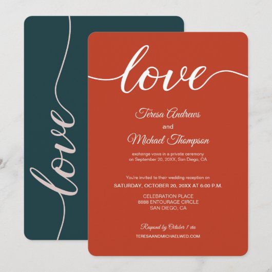 Verbrand Oranje Groene Elopement trouwreceptie Kaart (Voorkant / Achterkant)