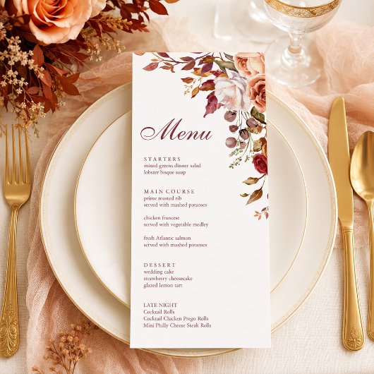 Verbrand Oranje & Perzik Herfst Bloem Bruiloftsmen Menu