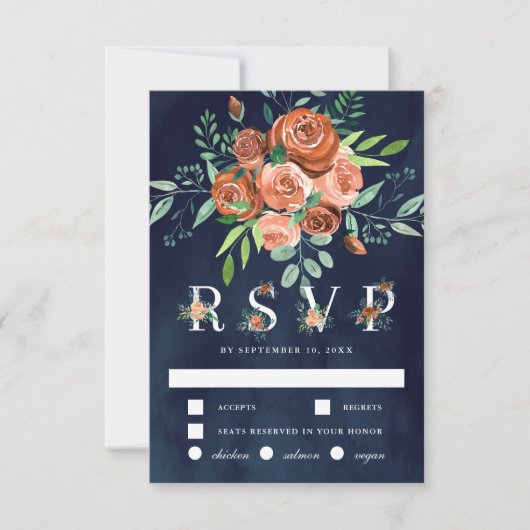 Verbrand Oranje Rozen Terracotta Bloem Navy Bruilo RSVP Kaartje (Voorkant)