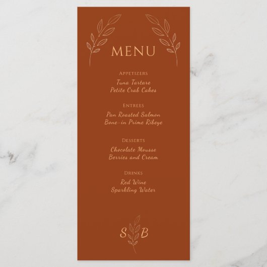 Verbrand Oranje Terracotta Monogram Boho Wedding Menu (Voorkant)