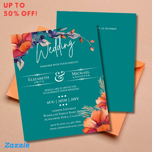 Verbrand Oranje Turquoise Bloemige Trouw Rustiek