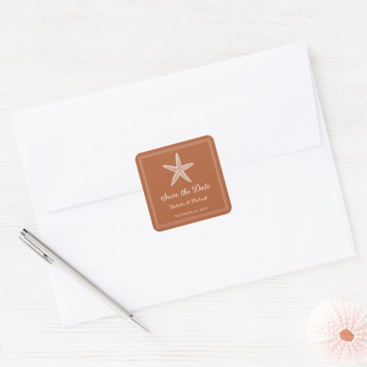 Verbrand Oranje Zeester Bewaar de Datum Vierkante Sticker (Envelop)