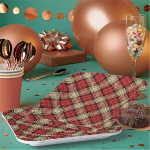 Verbrand Rood Beige Moderne Schotse Tartan Kerst Papieren Bordje