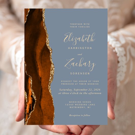 Verbrand Sinaasappel Agaat Gold Dusty Blue Wedding Kaart