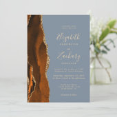 Verbrand Sinaasappel Agaat Gold Dusty Blue Wedding Kaart (Staand voorkant)