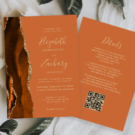 Verbrand Sinaasappel Agaat Gold QR Code Wedding Kaart