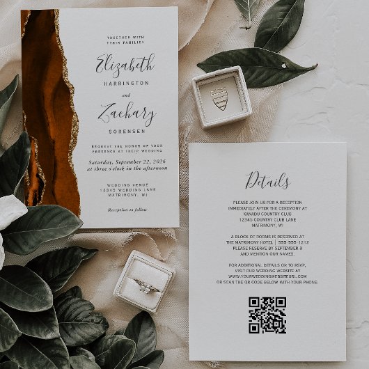 Verbrand Sinaasappel Agaat Gold Wedding QR Code Ui Kaart