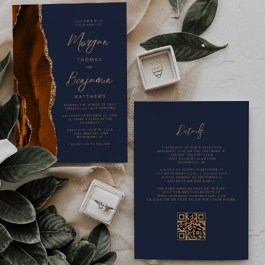 Verbrand Sinaasappel Agaat Navy Blue QR Code Weddi Kaart