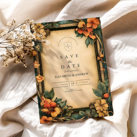 Verbrand Sinaasappel Art Nouveau bruiloft Save The Date