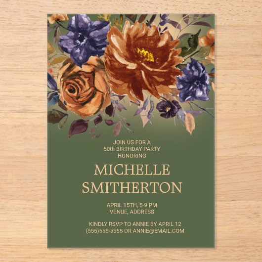 Verbrand Sinaasappel Blauw Bloemen Groen 50ste Ver Acryl Uitnodigingen (Voorkant)