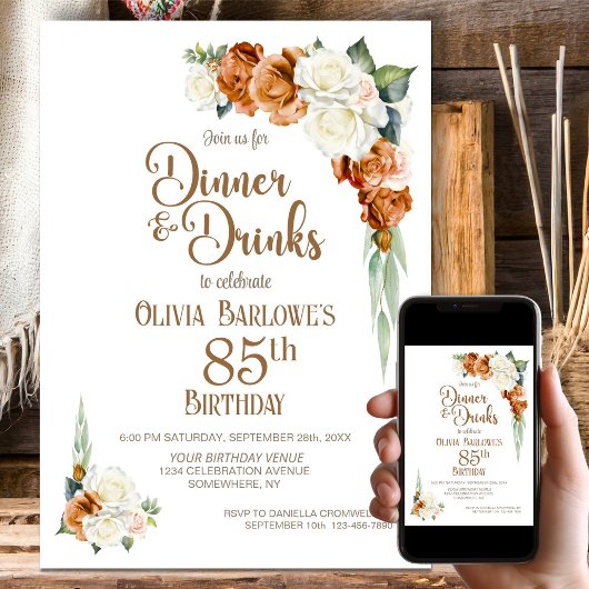 Verbrand Sinaasappel Bloemen 85e Verjaardag Dinner Kaart