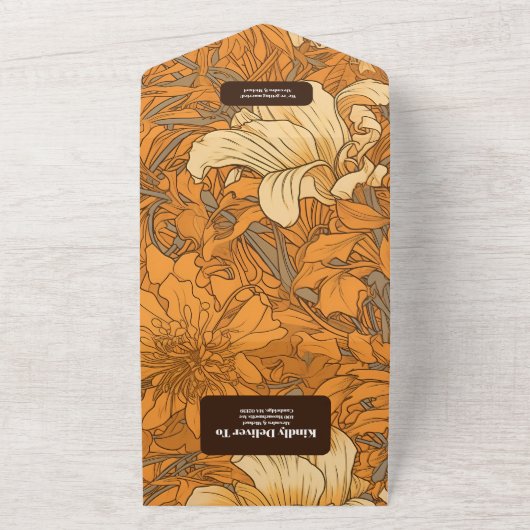 Verbrand Sinaasappel Bloemen Art Nouveau Bruiloft All In One Uitnodiging (Buitenkant)