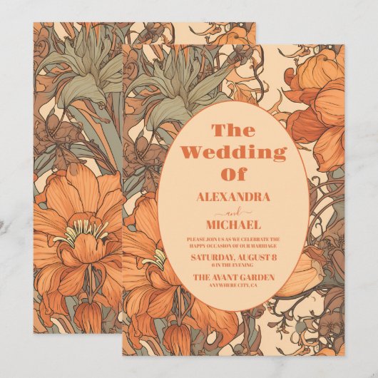 Verbrand Sinaasappel Bloemen Art Nouveau bruiloft Kaart (Voorkant / Achterkant)