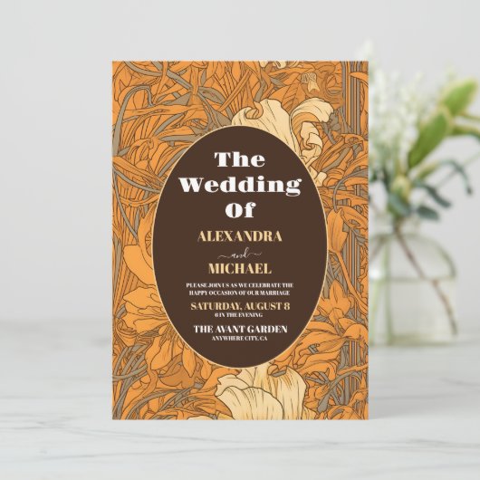 Verbrand Sinaasappel Bloemen Art Nouveau Bruiloft Kaart (Staand voorkant)