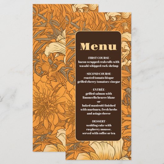 Verbrand Sinaasappel Bloemen Art Nouveau Bruiloft Menu (Voorkant / Achterkant)