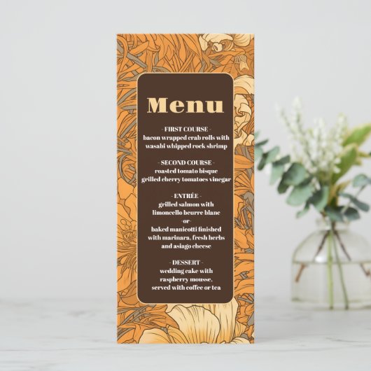 Verbrand Sinaasappel Bloemen Art Nouveau Bruiloft Menu (Staand voorkant)