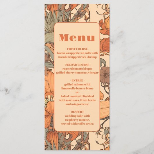 Verbrand Sinaasappel Bloemen Art Nouveau Bruiloft Menu (Voorkant)