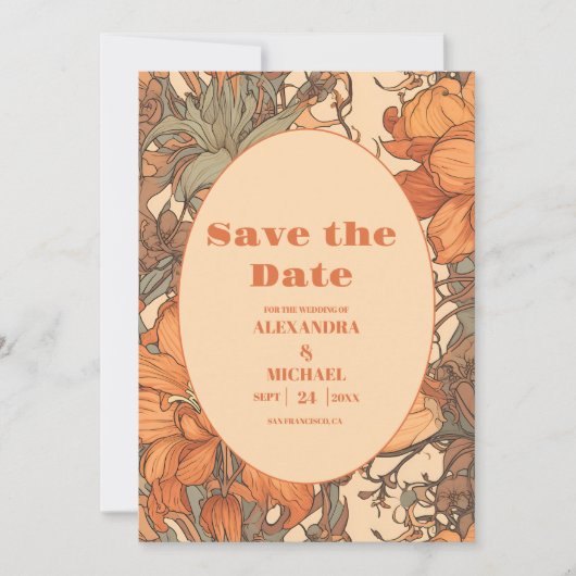 Verbrand Sinaasappel Bloemen Art Nouveau Bruiloft Save The Date (Voorkant)