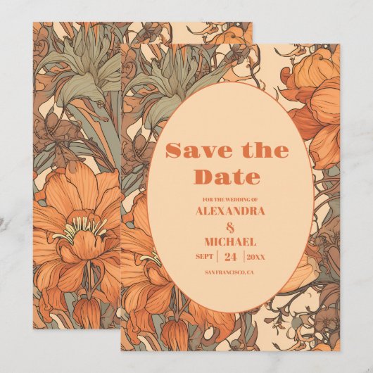Verbrand Sinaasappel Bloemen Art Nouveau Bruiloft Save The Date (Voorkant / Achterkant)