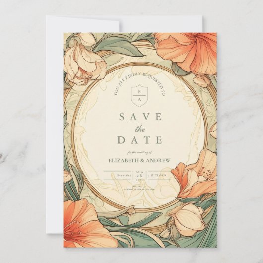 Verbrand Sinaasappel Bloemen bruiloft Save The Date (Voorkant)