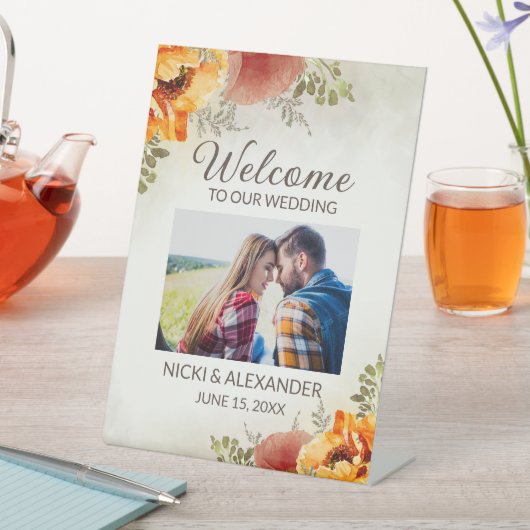 Verbrand Sinaasappel Bloemen bruiloft welkomstfoto Reclamebord Met Voetstuk (Insitu)