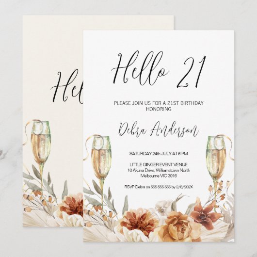 Verbrand Sinaasappel Bloemen en Glazen 21e Verjaar Kaart (Voorkant / Achterkant)