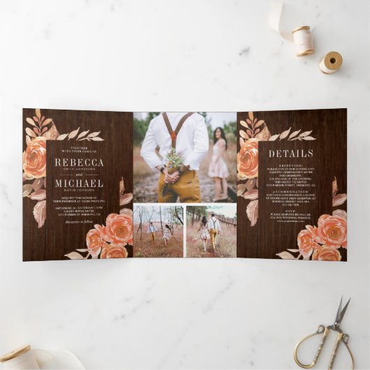 Verbrand Sinaasappel Bloemen Foto Collage Wood Wed Drieluik Uitnodiging (Binnen)
