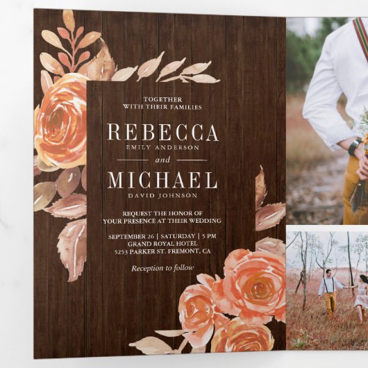 Verbrand Sinaasappel Bloemen Foto Collage Wood Wed Drieluik Uitnodiging (Binnenzijde eerst)