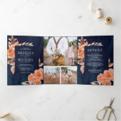 Verbrand Sinaasappel Bloemen Fotocollage Navy Wedd Drieluik Uitnodiging (Binnen)