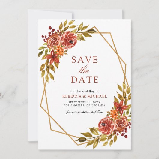 Verbrand Sinaasappel Bloemen Goud Lijst Fall Trouw Save The Date (Voorkant)