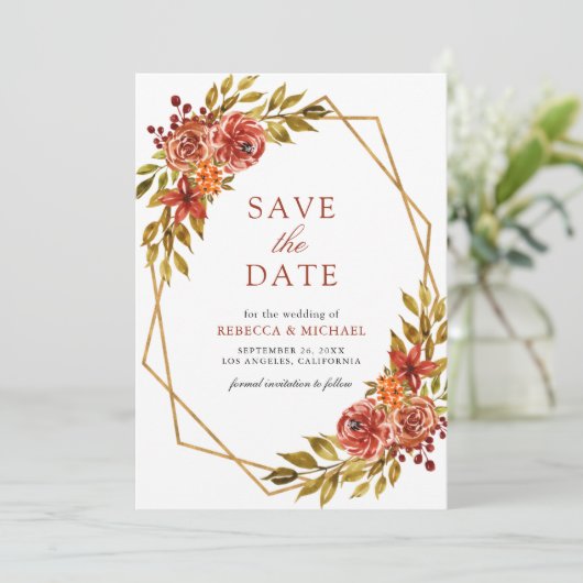 Verbrand Sinaasappel Bloemen Goud Lijst Fall Trouw Save The Date (Staand voorkant)