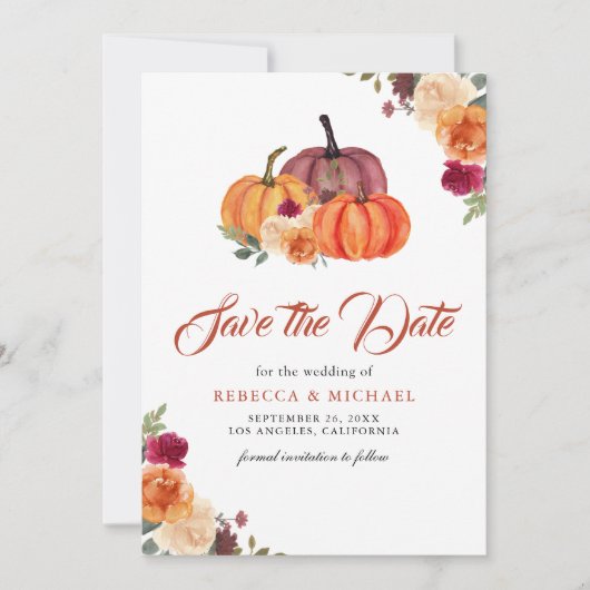 Verbrand Sinaasappel Bloemen Pompoen bruiloft Save The Date (Voorkant)