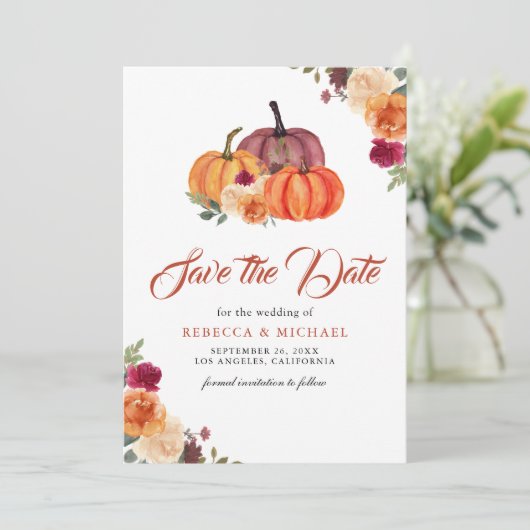 Verbrand Sinaasappel Bloemen Pompoen bruiloft Save The Date (Staand voorkant)