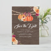 Verbrand Sinaasappel Bloemen Pompoen Hout Wedding Save The Date (Staand voorkant)