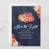 Verbrand Sinaasappel Bloemen Pompoen Navy Wedding Save The Date (Voorkant)