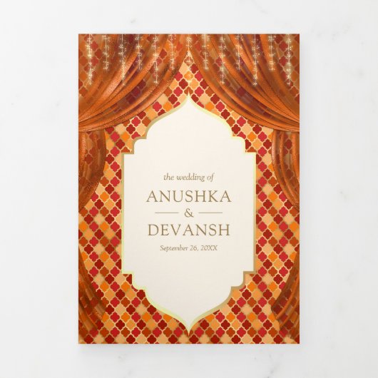 Verbrand Sinaasappel Bloemengordijn Indische Hindo Drieluik Uitnodiging (Cover)