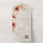 Verbrand Sinaasappel & Cream Boho Bloemen QR Code All In One Uitnodiging (Binnen)