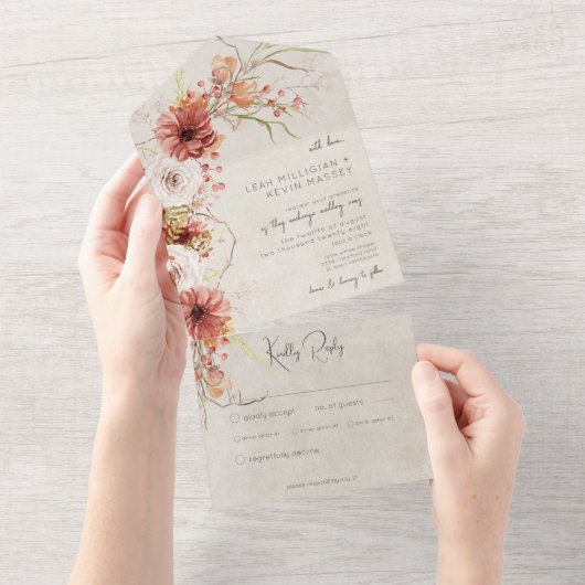 Verbrand Sinaasappel & Cream Boho Bloemendiner All In One Uitnodiging (Afscheurbaar)