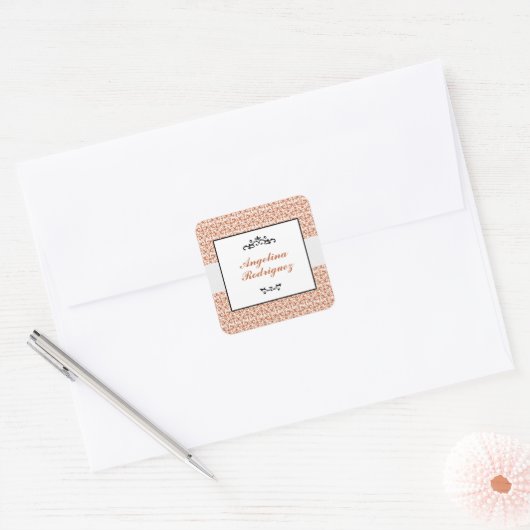 Verbrand Sinaasappel Damask Pattern Afstuderen Vierkante Sticker (Envelop)