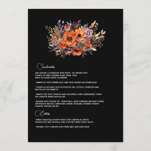 Verbrand Sinaasappel, Donker Paarse en Zwarte Bloe Menu (Achterkant)