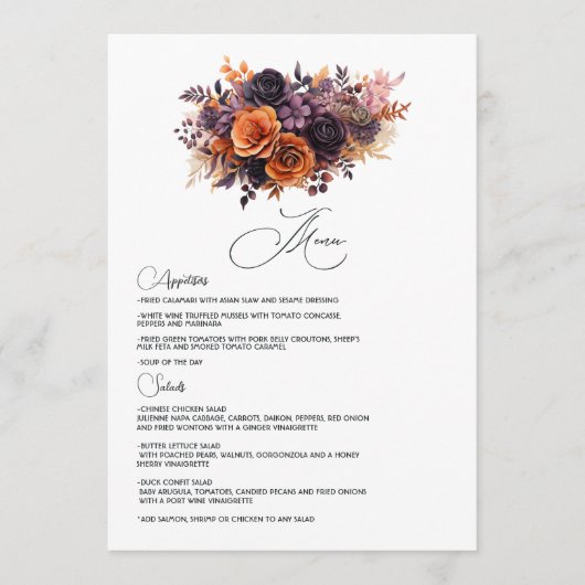 Verbrand Sinaasappel, Donker Paarse en Zwarte Bloe Menu (Voorkant)