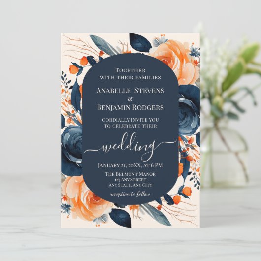 Verbrand Sinaasappel en Blauw Bloemen Bruiloft met Kaart (Staand voorkant)