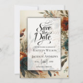 Verbrand Sinaasappel en Blauwe Herfst Bloemen brui Save The Date (Voorkant)