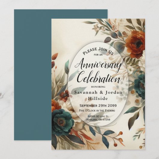 Verbrand Sinaasappel en Blauwe Herfst Bloemen Jubi Kaart (Voorkant / Achterkant)